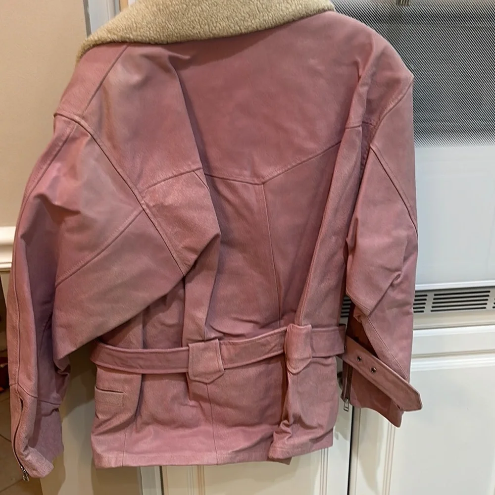 Vintage Moda International Pink Leather and Sherpa Motorcycle Jacket - NWT s - Picture 5 of 5